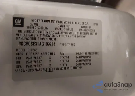 2010 Chevrolet Silverado 1500 Xtra Fuel Economy из США, поврежденный, VIN 3GCRCSE31AG109223